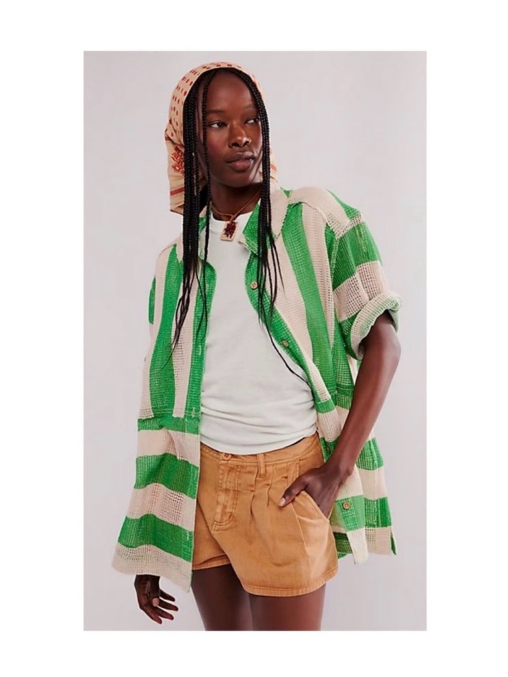 NWT Free People We The Frer Del Mar Mesh Stripe Cabana Shirt Green Combo Size L